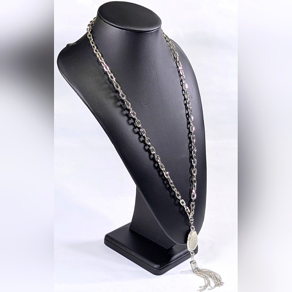 Silver Tassel Lariat Pendant Necklace, Faux Howlite Stone, Boho New - Picture 4 of 7